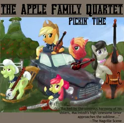 Size: 1429x1417 | Tagged: safe, artist:obsequiosity, derpibooru import, apple bloom, applejack, big macintosh, granny smith, octavia melody, earth pony, pony, apple family, band, banjo, cello, female, guitar, image, male, musical instrument, png, violin