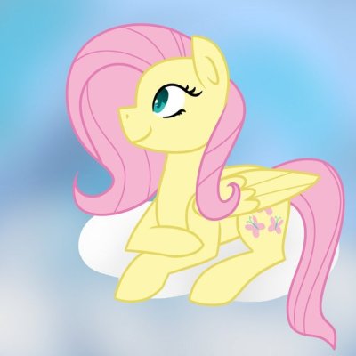 Size: 400x400 | Tagged: safe, artist:fluttershydaily, derpibooru import, fluttershy, cloud, image, jpeg, lying down, lying on a cloud, on a cloud, prone, sky, smiling