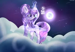 Size: 2881x2017 | Tagged: safe, artist:harmonyvitality-yt, derpibooru import, oc, unofficial characters only, butterfly, insect, pony, cloud, female, full moon, glow, glowing horn, horn, image, magic, mare, moon, night, on a cloud, png, shooting star, solo, stars, telekinesis