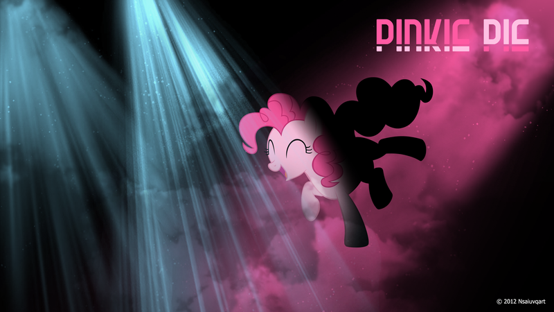Size: 1920x1080 | Tagged: safe, artist:nsaiuvqart, artist:takua770, derpibooru import, edit, pinkie pie, earth pony, pony, cloud, dancing, eyes closed, female, happy, image, lighting, mare, name, open mouth, open smile, png, raised leg, smiling, solo, stars, wallpaper, wallpaper edit, watermark