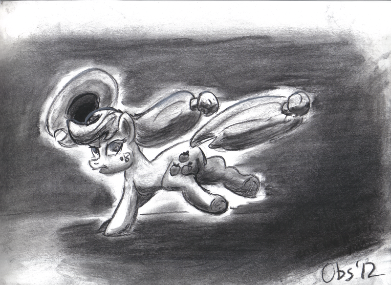 Size: 3482x2543 | Tagged: safe, artist:obsequiosity, derpibooru import, applejack, earth pony, pony, bucking, female, grayscale, image, monochrome, png, solo, traditional art