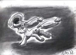 Size: 3482x2543 | Tagged: safe, artist:obsequiosity, derpibooru import, applejack, earth pony, pony, bucking, female, grayscale, image, monochrome, png, solo, traditional art