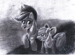 Size: 3039x2251 | Tagged: safe, artist:obsequiosity, derpibooru import, apple bloom, applejack, earth pony, pony, duo, female, grayscale, image, monochrome, png, traditional art