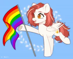 Size: 1934x1572 | Tagged: safe, artist:shelti, derpibooru import, oc, unofficial characters only, pegasus, pony, art trade, blue background, colored pupils, female, flag, folded wings, gay pride flag, hoof heart, image, jpeg, mare, open mouth, pride, pride flag, raised hoof, raised leg, simple background, underhoof, wings