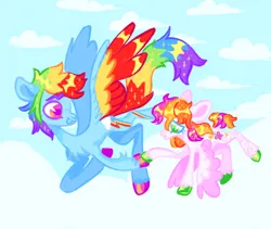 Size: 1280x1079 | Tagged: safe, artist:webkinzworldz, derpibooru import, honolu-loo, rainbow dash, pegasus, pony, cloud, duo, female, filly, flying, foal, g3, image, png