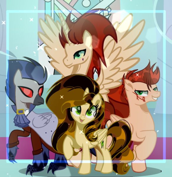Size: 1192x1227 | Tagged: safe, artist:harmonyvitality-yt, derpibooru import, oc, unofficial characters only, alicorn, classical hippogriff, hippogriff, pegasus, pony, alicorn oc, base used, female, grin, group, horn, image, male, mare, mask, png, raised hoof, scar, smiling, spread wings, stallion, wings