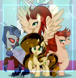 Size: 1192x1227 | Tagged: safe, artist:harmonyvitality-yt, derpibooru import, oc, unofficial characters only, alicorn, classical hippogriff, hippogriff, pegasus, pony, alicorn oc, base used, female, grin, group, horn, image, male, mare, mask, png, raised hoof, scar, smiling, spread wings, stallion, wings