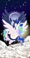 Size: 1024x1983 | Tagged: safe, artist:eqq_scremble, artist:pagophasia, derpibooru import, princess celestia, princess luna, alicorn, classical unicorn, pony, unicorn, backlighting, cloud, cloven hooves, collaboration, colored hooves, curved horn, dawn, derpibooru exclusive, duo, ear tufts, ethereal mane, ethereal tail, eyes closed, female, floppy ears, flying, frog (hoof), halo, holding hooves, horn, hug, image, leonine tail, nuzzling, png, royal sisters, sibling love, siblings, sisterly love, sisters, smiling, spread wings, stars, tail, tail hug, underhoof, unshorn fetlocks, wings