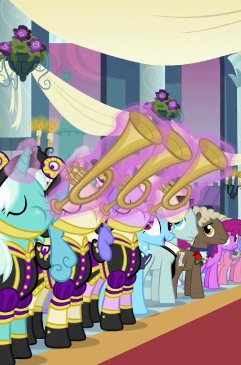 Size: 241x365 | Tagged: safe, derpibooru import, screencap, berry punch, berryshine, bruce mane, clarion call, cornetta, eclair créme, jangles, royal ribbon, sealed scroll, a canterlot wedding, foghorn, image, jpeg