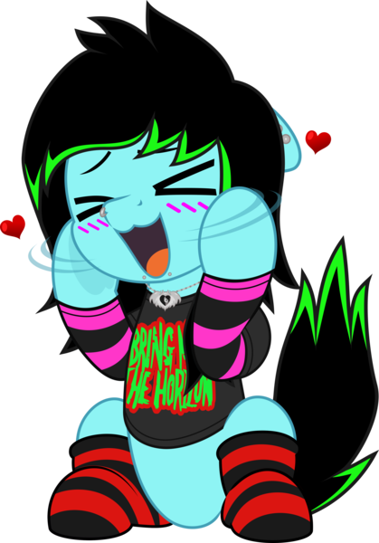 Size: 3490x5000 | Tagged: safe, artist:jhayarr23, derpibooru import, oc, oc:scene chick, unofficial characters only, earth pony, pony, arm warmers, blushing, bring me the horizon, clothes, commission, dyed mane, dyed tail, eyes closed, female, heart, image, jewelry, lip piercing, mare, necklace, nose piercing, open mouth, piercing, png, shirt, sitting, snake bites, socks, solo, striped socks, t-shirt, tail, ych result