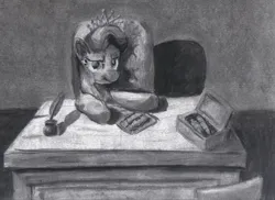 Size: 1101x800 | Tagged: safe, artist:obsequiosity, derpibooru import, diamond tiara, earth pony, pony, desk, female, grayscale, image, monochrome, png, solo