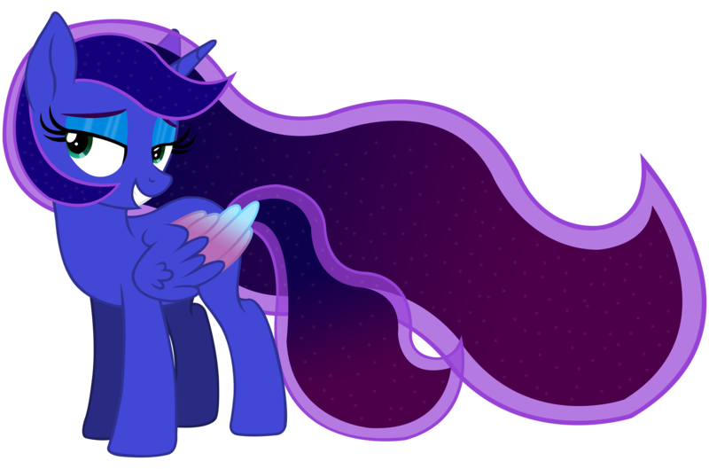 Size: 9000x5946 | Tagged: safe, artist:laszlvfx, artist:starshade, derpibooru import, edit, vector edit, princess luna, alicorn, pony, absurd resolution, alternate hairstyle, base used, bedroom eyes, colored wings, cute, eyelashes, eyeshadow, female, high res, image, makeup, mare, missing accessory, multicolored mane, multicolored wings, png, simple background, smiling, solo, transparent background, vector, wings, younger