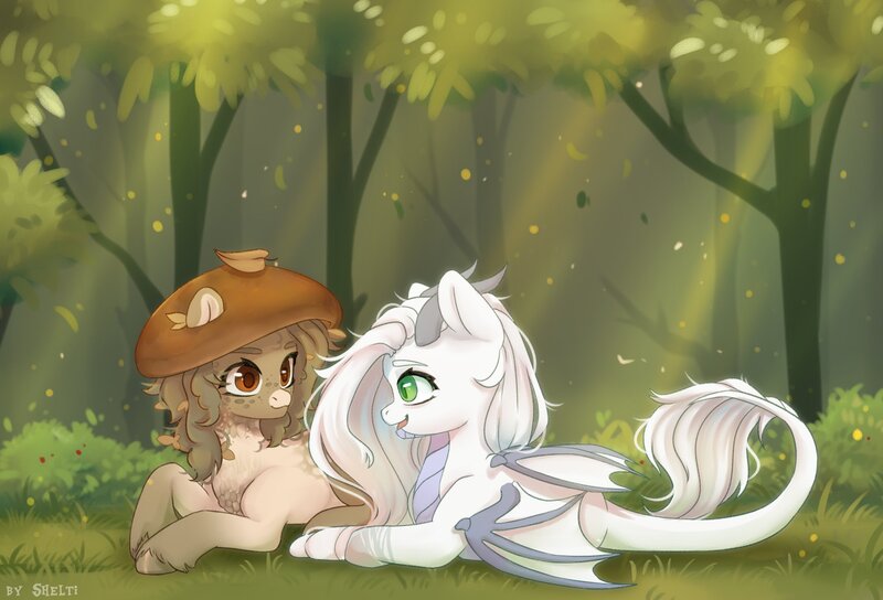 Size: 2500x1700 | Tagged: safe, artist:shelti, derpibooru import, oc, unofficial characters only, dracony, dragon, earth pony, hybrid, pony, colored pupils, daytime, dragon wings, duo, duo female, female, forest, gradient hooves, grass, hat, horns, image, jpeg, leonine tail, lying down, open mouth, outdoors, prone, scales, slit pupils, tail, tree, unshorn fetlocks, wings