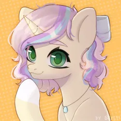 Size: 1000x1000 | Tagged: safe, artist:shelti, derpibooru import, oc, unofficial characters only, pony, unicorn, bow, bust, colored pupils, commission, hair bow, happy, horn, image, jewelry, jpeg, looking at you, necklace, raised hoof, simple background, smiling, solo, yellow background