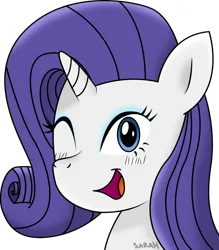 Size: 1024x1170 | Tagged: safe, artist:sarahstudios11, derpibooru import, rarity, pony, unicorn, bust, female, image, mare, one eye closed, png, portrait, simple background, smiling, solo, wink