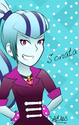 Size: 1024x1617 | Tagged: safe, artist:sarahstudios11, derpibooru import, sonata dusk, siren, equestria girls, female, grin, image, jpeg, simple background, smiling, solo