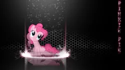 Size: 1920x1080 | Tagged: safe, artist:forgotten5p1rit, artist:unrealtoast, derpibooru import, edit, pinkie pie, earth pony, pony, abstract background, female, hexagon, image, looking up, mare, name, png, smiling, solo, sparkles, wallpaper, wallpaper edit