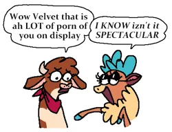 Size: 1841x1404 | Tagged: suggestive, artist:punkittdev, derpibooru import, velvet reindeer, cow, deer, reindeer, them's fightin' herds, arizona (tfh), community related, dialogue, doe, duo, female, image, implied porn, lidded eyes, open mouth, open smile, png, smiling, speech bubble