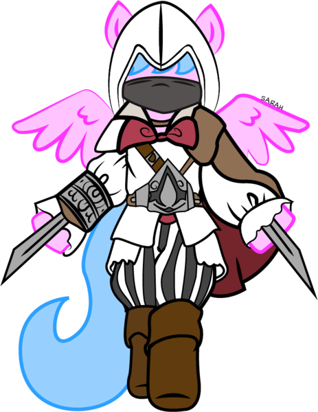 Size: 719x932 | Tagged: safe, artist:sarahstudios11, derpibooru import, oc, oc:artie brush, unofficial characters only, pegasus, pony, assassin's creed, cape, clothes, cosplay, costume, dagger, female, hood, image, mare, pegasus oc, png, solo, vector, weapon, wings