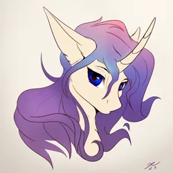 Size: 2300x2300 | Tagged: safe, artist:tenebrisnoctus, derpibooru import, pony, unicorn, bust, curved horn, ear fluff, female, horn, image, looking at you, png, purple hair, signature, simple background, solo, solo female