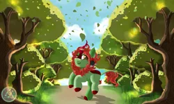 Size: 2000x1200 | Tagged: safe, artist:julie25609, derpibooru import, oc, oc:spring glow, unofficial characters only, kirin, commission, female, forest, forest background, image, kirin oc, leaves, png, solo, solo female, tree, watermark, ych result