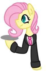 Size: 388x600 | Tagged: safe, artist:fluttershydaily, derpibooru import, fluttershy, clothes, image, necktie, png, server, simple background, smiling, suit, transparent background, tray, waiter