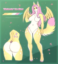 Size: 1000x1113 | Tagged: suggestive, artist:kitsunewaffles-chan, derpibooru import, fluttershy, anthro, digitigrade anthro, fox, alternative cutie mark placement, ass, barbie doll anatomy, belly button, breasts, busty fluttershy, butt, featureless breasts, featureless crotch, female, flutterbutt, foxified, furrified, furry, image, png, solo, solo female, species swap, wide hips