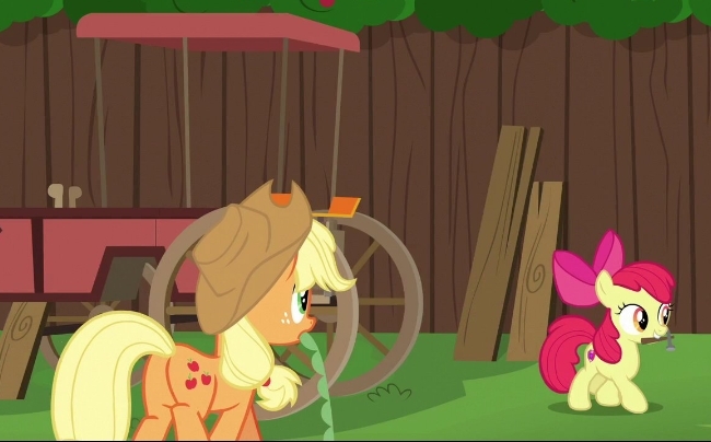 Size: 650x404 | Tagged: safe, derpibooru import, screencap, apple bloom, applejack, the cart before the ponies, image, jpeg