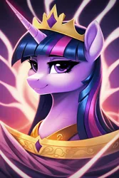 Size: 2048x3072 | Tagged: safe, derpibooru import, editor:montaraz13, machine learning generated, novelai, stable diffusion, twilight sparkle, twilight sparkle (alicorn), alicorn, pony, unicorn, bust, crown, female, image, jewelry, looking at you, png, portrait, queen twilight, regal, regalia, ruler, smiling, smiling at you, solo, solo female