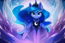 Size: 3072x2048 | Tagged: safe, derpibooru import, editor:montaraz13, machine learning generated, novelai, stable diffusion, princess luna, alicorn, pony, abstract background, crown, crystal, female, female focus, front view, image, jewelry, looking at you, png, regalia, smiling, smiling at you, solo, solo female, solo focus