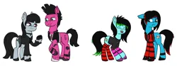Size: 3382x1259 | Tagged: safe, artist:dyonys, derpibooru import, oc, oc:emo lad, oc:goth lass, oc:punk dude, oc:scene chick, unofficial characters only, earth pony, pony, brother and sister, clothes, colored hooves, dyed mane, dyed tail, ear piercing, earring, emo, eyes closed, family, female, goth, group, husband and wife, image, jacket, jewelry, lip piercing, male, mare, nose piercing, open mouth, piercing, png, punk, raised hoof, scene, siblings, simple background, socks, stallion, standing, striped socks, tail, white background