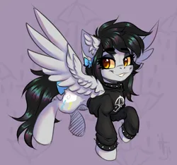 Size: 1244x1165 | Tagged: safe, artist:falafeljake, derpibooru import, oc, oc:lightning dee, unofficial characters only, pegasus, pony, bow, bracelet, bring me the horizon, choker, clothes, colored sclera, commission, ear fluff, female, hoodie, image, mare, png, raised hoof, solo, spiked choker, spiked wristband, spread wings, tail, tail bow, wings, wristband