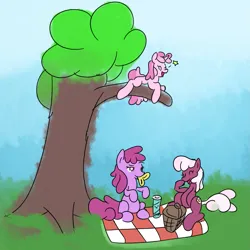 Size: 1161x1163 | Tagged: safe, artist:phillnana, derpibooru import, berry punch, berryshine, cheerilee, piña colada, earth pony, pony, chips, female, food, image, mare, picnic, png, tree