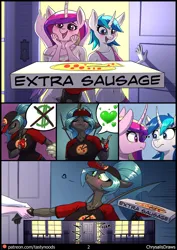 Size: 848x1200 | Tagged: suggestive, artist:chrysalisdraws, derpibooru import, princess cadance, queen chrysalis, shining armor, alicorn, anthro, unicorn, comic:pizza delivery, ..., belly button, bisexual, blushing, breasts, busty queen chrysalis, chrysarmordance, clothes, comic, door, door slam, drake, eye clipping through hair, eyebrows, eyebrows visible through hair, female, fingerless gloves, food, gleaming shield, gloves, half r63 shipping, hat, hotline bling, image, imminent sex, implied sex, lesbian, male, meme, money, pictogram, pizza, pizza box, pizza delivery, png, polyamory, ponytail, rule 63, shipping, smiling, speech bubble, straight, third r63 shipping