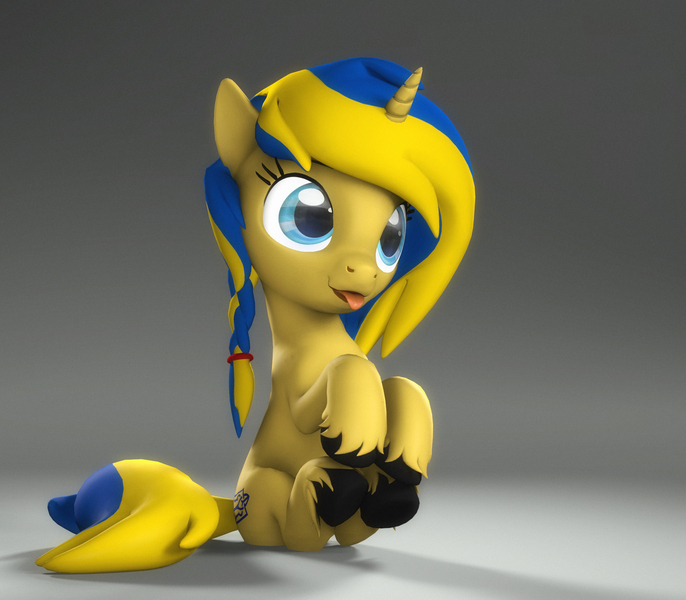 Size: 1877x1642 | Tagged: safe, alternate version, artist:mister-karter, derpibooru import, oc, oc:ukraine, ponified, unofficial characters only, pony, unicorn, 3d, :p, braid, horn, image, jpeg, nation ponies, silly, solo, source filmmaker, tongue out, ukraine, unicorn oc