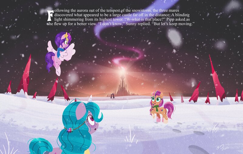 Size: 4096x2591 | Tagged: safe, artist:bearmation, derpibooru import, izzy moonbow, pipp petals, sunny starscout, earth pony, pegasus, pony, unicorn, aurora borealis, clothes, crystal, crystal empire, flying, g5, hoofprints, image, jpeg, scarf, snow, snowfall, spread wings, story included, text, wings