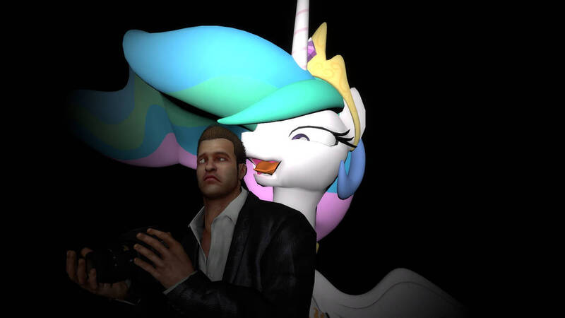 Size: 1192x670 | Tagged: safe, derpibooru import, princess celestia, alicorn, human, pony, 3d, black background, camera, crossover, dead rising, duo, frank west, gmod, image, jpeg, simple background