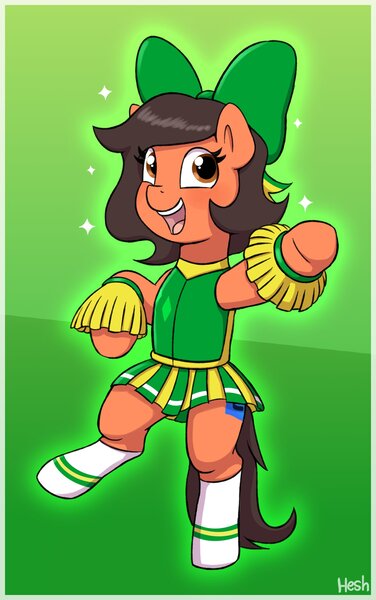 Size: 1500x2392 | Tagged: safe, artist:heretichesh, derpibooru import, oc, oc:robertapuddin, unofficial characters only, earth pony, pony, bipedal, bow, cheerleader, cheerleader outfit, clothes, female, hair bow, image, jpeg, mare, pom pom, signature, socks, solo