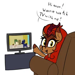 Size: 674x670 | Tagged: safe, artist:seafooddinner, derpibooru import, oc, oc:chipotle spice, kirin, couch, el chavo del 8, image, implied anon, looking at you, png, raised hoof, simple background, solo, television, waving, waving at you