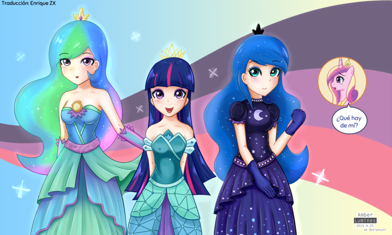 Size: 2000x1200 | Tagged: safe, artist:vanillafox2035, derpibooru import, edit, editor:enrique zx, princess cadance, princess celestia, princess luna, twilight sparkle, twilight sparkle (alicorn), alicorn, human, pony, canterlot boutique, alicorn tetrarchy, blushing, clothes, crown, cute, cutelestia, derpibooru exclusive, dialogue, dress, evening gloves, eyebrows, eyebrows visible through hair, female, gloves, group, humanized, image, jewelry, light skin, long gloves, looking at you, lunabetes, mare, open mouth, open smile, over the moon, png, princess dress, quartet, regalia, signature, smiling, smiling at you, spanish description, spanish text, speech bubble, text, translation, translator:enrique zx, tripping the light