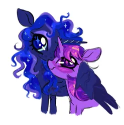 Size: 1171x1186 | Tagged: safe, artist:webkinzworldz, derpibooru import, princess luna, twilight sparkle, alicorn, pony, unicorn, alternate hairstyle, blushing, duo, female, hug, image, lesbian, png, shipping, simple background, twiluna, white background, winghug, wings