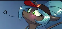 Size: 372x179 | Tagged: safe, artist:chrysalisdraws, derpibooru import, edit, queen chrysalis, anthro, changeling, changeling queen, blushing, cap, cropped, female, hat, heart, image, jpeg, smiling, solo