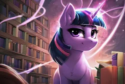 Size: 3072x2048 | Tagged: safe, derpibooru import, editor:montaraz13, machine learning generated, novelai, stable diffusion, twilight sparkle, pony, unicorn, abstract background, bookshelf, female, glow, glowing horn, horn, image, librarian, library, looking at you, magic, png, smiling, smiling at you, solo, space, space background