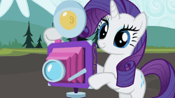 Size: 730x410 | Tagged: safe, derpibooru import, screencap, rarity, pony, may the best pet win, animated, camera, camera flash, gif, image, solo
