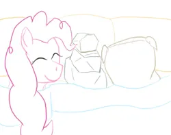 Size: 650x512 | Tagged: safe, artist:jimthecactus, derpibooru import, madame le flour, pinkie pie, rocky, earth pony, pony, bed, blanket, cargo ship, eyes closed, female, flour, image, jpeg, mare, on bed, overhead view, rock, shipping, simple background, sketch, smiling, white background