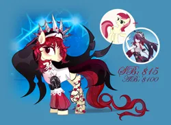 Size: 4740x3444 | Tagged: safe, artist:mariakarpova123, derpibooru import, roseluck, ponified, earth pony, human, pony, clothes, crown, eyeshadow, flower, fusion, genshin impact, image, jewelry, makeup, png, qr code, raised hoof, regalia, rosaria (genshin impact), rose