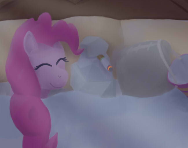 Size: 650x512 | Tagged: safe, artist:jimthecactus, derpibooru import, madame le flour, pinkie pie, rocky, earth pony, pony, bed, blanket, cargo ship, cigarette, eyes closed, female, flour, image, jpeg, mare, on bed, overhead view, rock, shipping, smiling