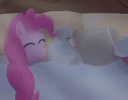 Size: 650x512 | Tagged: safe, artist:jimthecactus, derpibooru import, madame le flour, pinkie pie, rocky, earth pony, pony, bed, blanket, cargo ship, cigarette, eyes closed, female, flour, image, jpeg, mare, on bed, overhead view, rock, shipping, smiling