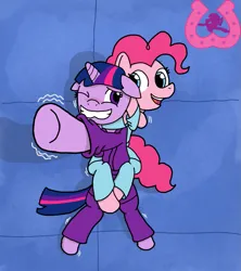 Size: 823x926 | Tagged: safe, artist:author92, derpibooru import, pinkie pie, twilight sparkle, pony, chokehold, clothed ponies, clothes, floppy ears, gi, image, leg lock, martial arts, one eye closed, png, rear naked choke, smiling