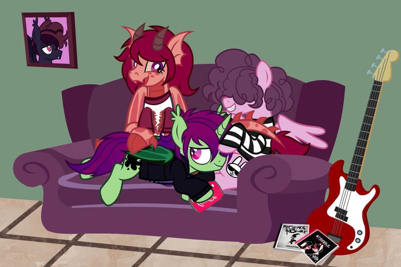 Size: 2048x1365 | Tagged: safe, artist:mxmx fw, derpibooru import, oc, oc:flare blaze, oc:midnight ray, oc:stripe, bat pony, dracony, dragon, hybrid, unicorn, cd, coca-cola, disguise, disguised siren, emo, female, friends, hair over eyes, hair over one eye, happy, image, jpeg, male, my chemical romance, show accurate, sitting, smiling